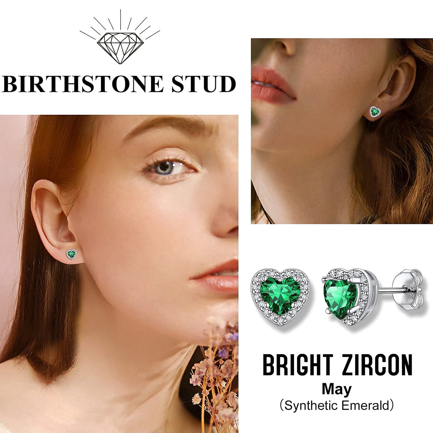 Bestyle Heart May Emerald Birthstone Earrings Green Studs Embellished with White Crystals Sparkling Ear Jewelry for Birthday/Christmas/Party/Anniversary/Wedding