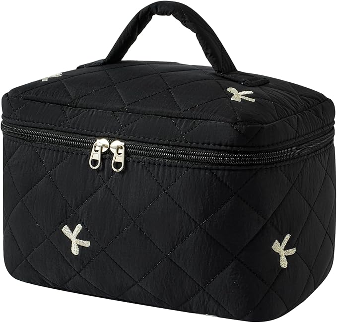 3Pcs Aesthetic Cotton Quilted Drawstring Makeup Bag Set, Aesthetic Cute Bow Makeup Pouch for Girls and Women, Aesthetic Travel Organized Cosmetic Bags for Purse(05Black Bow)