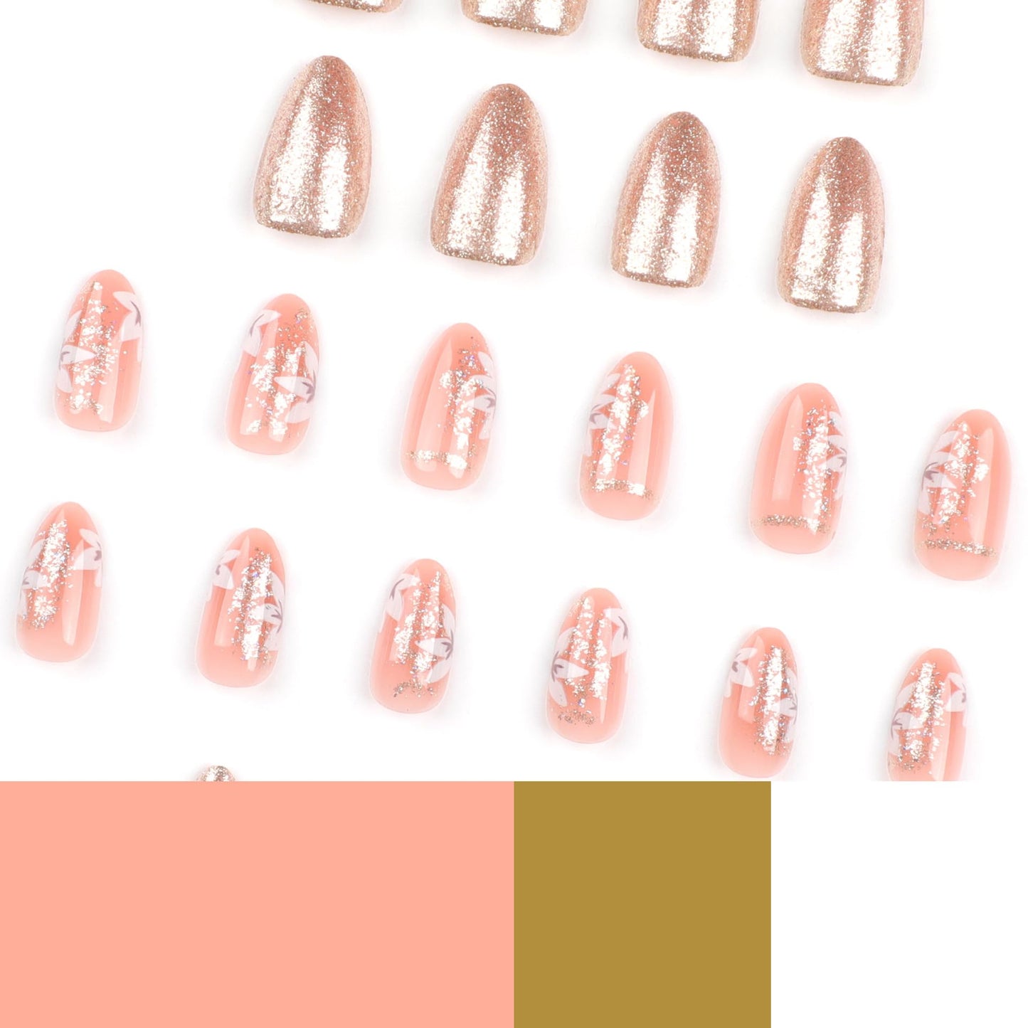 CTTHNBD Press on Nails Medium - Almond Fake Nails with Flower Design - Gold Glitter Full Cover Stick on False Nails - for Women 24 Pcs