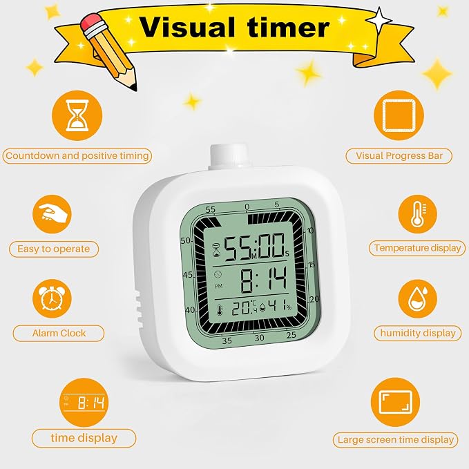 4 in 1 Visual Digital Timer Without Backlight, Easy Set Alarm Clock Humidity Temperature Monitor, Magnetic Wall Mount Kitchen Study Timer for Classroom Office Bedroom White