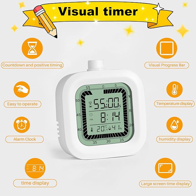 Visual Timer, 60 Minutes Countdown & Countup Timer, Digital Alarm Clock with Temperature and Humidity Monitor, 4 in 1 Multifunctional Desk Clock for Kids Study, Kitchen, Office and Home,Black
