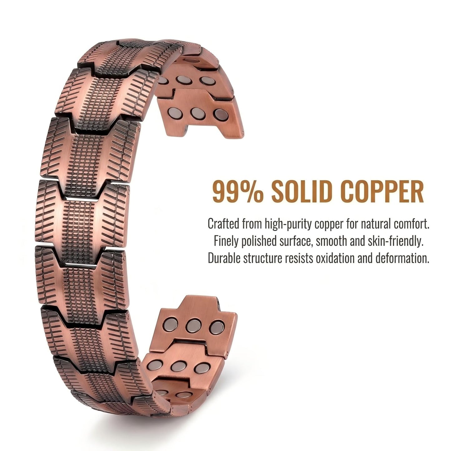 Picalela Magnetic Copper Bracelet for Men Women, 99% Pure Solid Copper Bracelet with Magnets, Adjustable Clasp, Retro Design for Circulation & Fatigue Relief (COPPER)