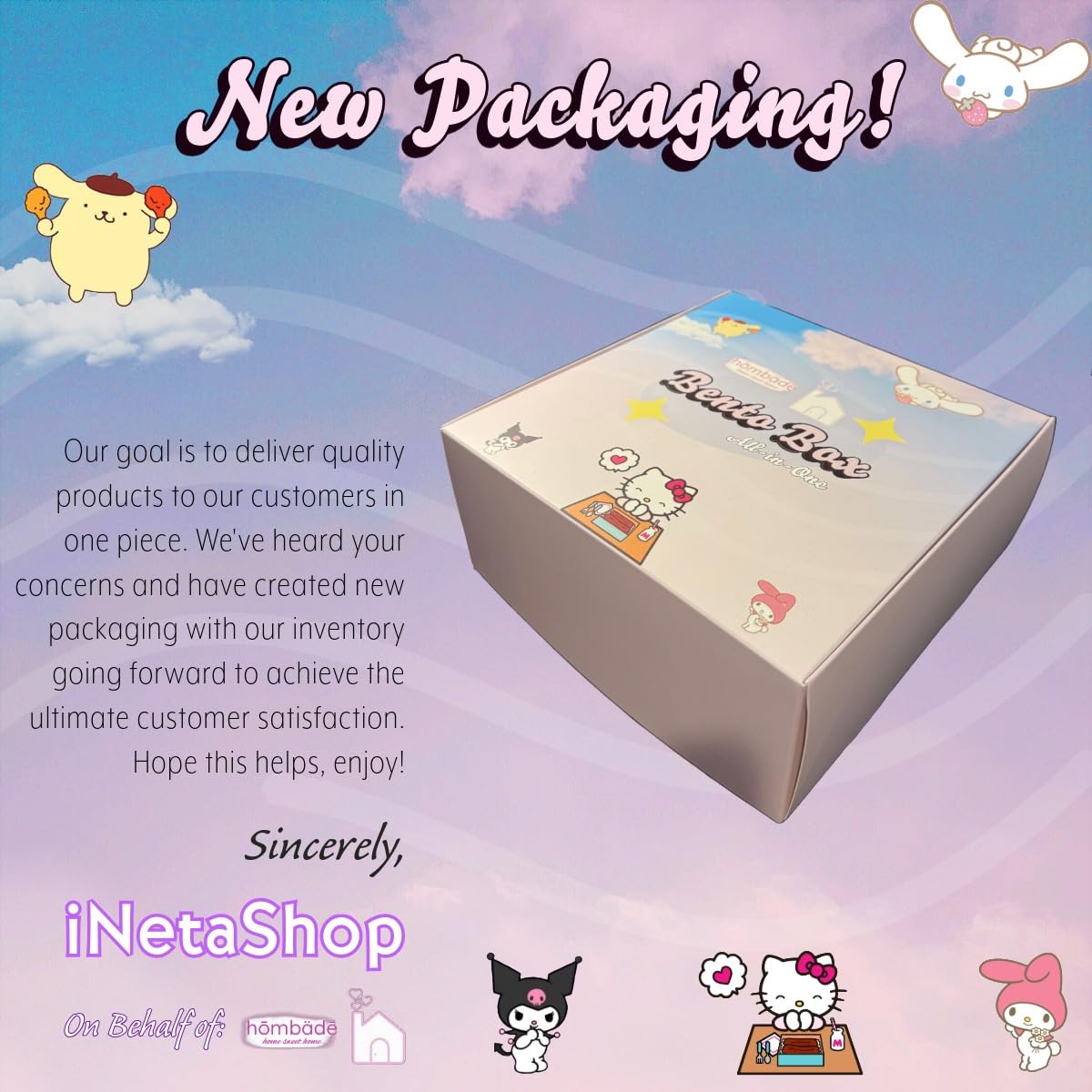 hombäde Bento Lunch Box Container Set with 3 Compartments Portable Personal Sealed Plastic Utensils Food Container Cute Kawaii Anime Kitty Bunny Dog (Purpleromi)