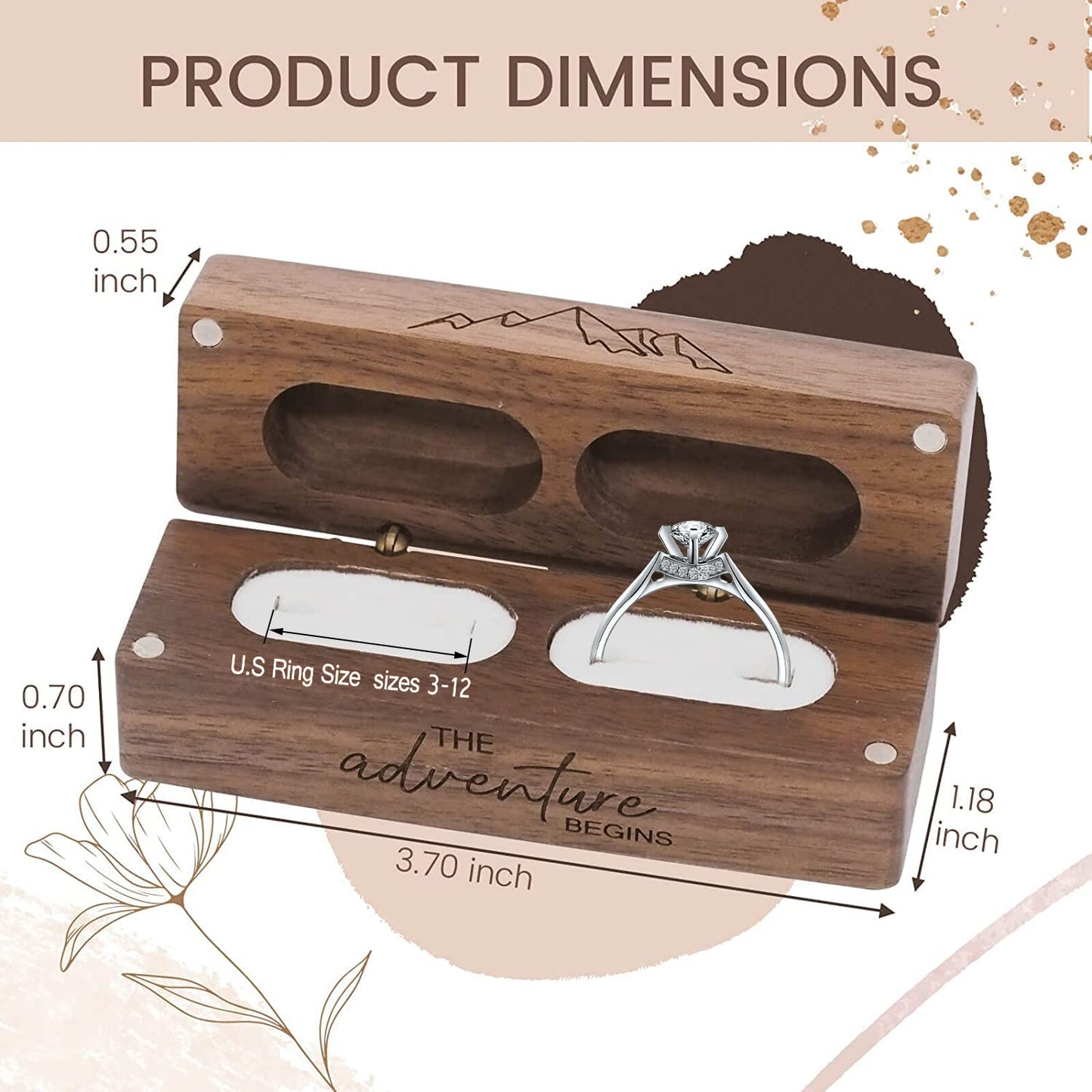 Muchly Engraved Flip Wooden 2 Ring box for wedding -Rustic Vintage Solid Wood rectangle Jewelry Storage Box
