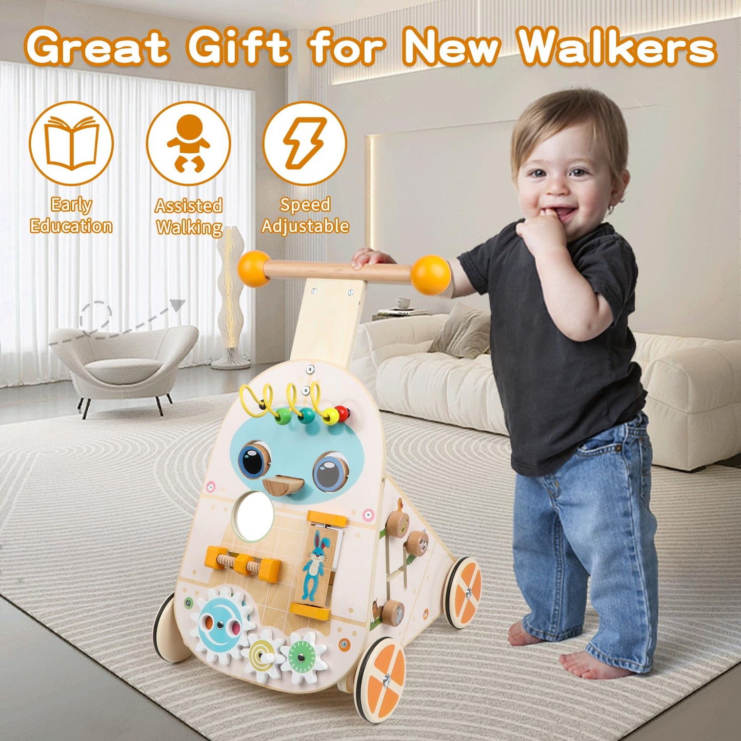 Steventoys Wooden Push Walker, Adjustable Speed Baby Push Walker Activity Center Toys, Wooden Baby Walker Push and Pull Learning Activity Walker, Learning & Walking Toy for Boys Girls