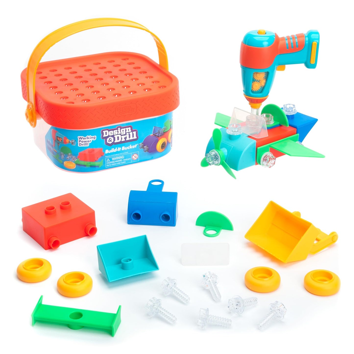 Educational Insights Design & Drill Build-It Bucket - Vehicle Building Toys for Toddlers 3-5, Construction Toy Set with Real Working Electric Drill Toy, Take Apart STEM Toys for 3+ Year Old