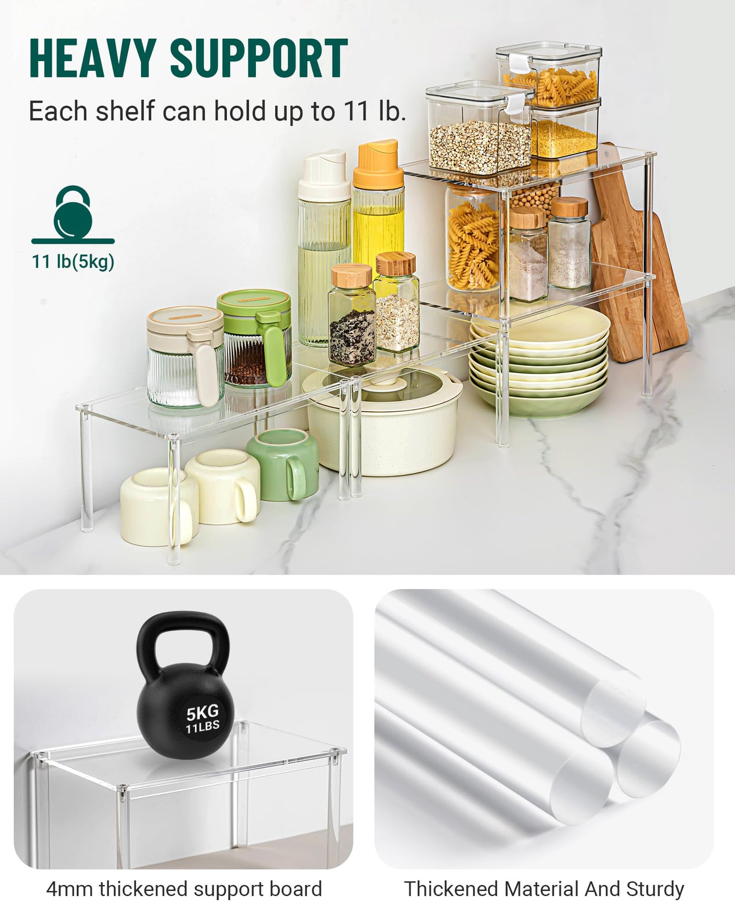 Bobomoment Acrylic Cabinet Organizer, Set of 2 Shelf Organizer, Spice Rack Organizer for Cabinet, Desk Countertop Organizer, Stackable Shelves for Pantry Kitchen Storage and Organization