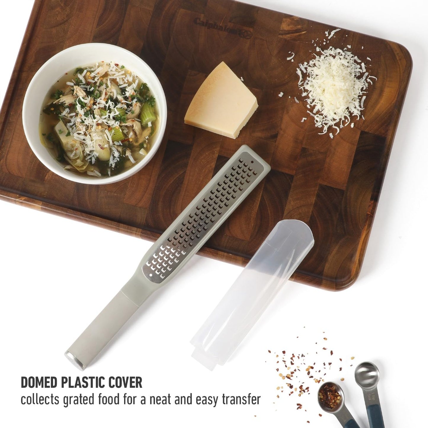 Calphalon Edge Stainless Steel Handheld Grater Lemon Zester W/Cover & Rubber Handle - Taupe