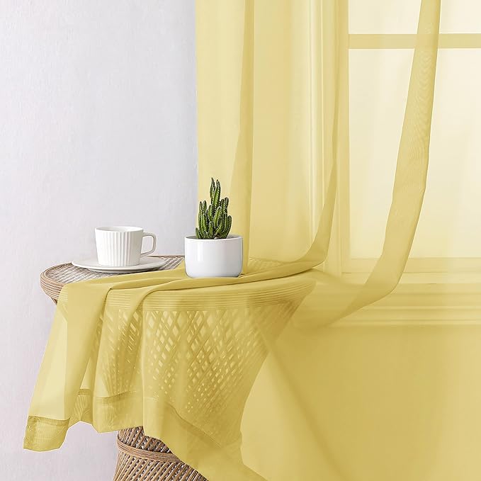 Lecloud Yellow Sheer Curtains 96 Inches Long 2 Panels, Gauzy Light Filtering Breathable Curtain, Solid Voile Home Decor Drapes with Dual Rod Pocket for Living Room Bedroom, Each 42" W x 96" L