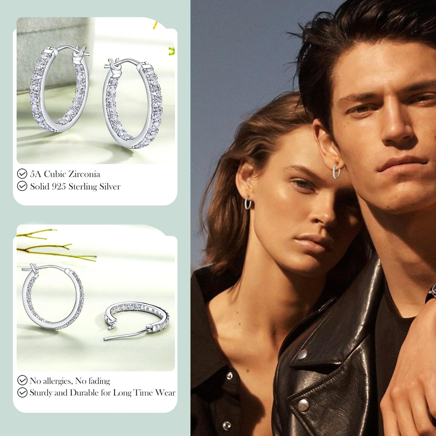 925 Sterling Silver Medium Hoop Earrings Shiny Round Cubic Zirconia Earring Hoops for Women