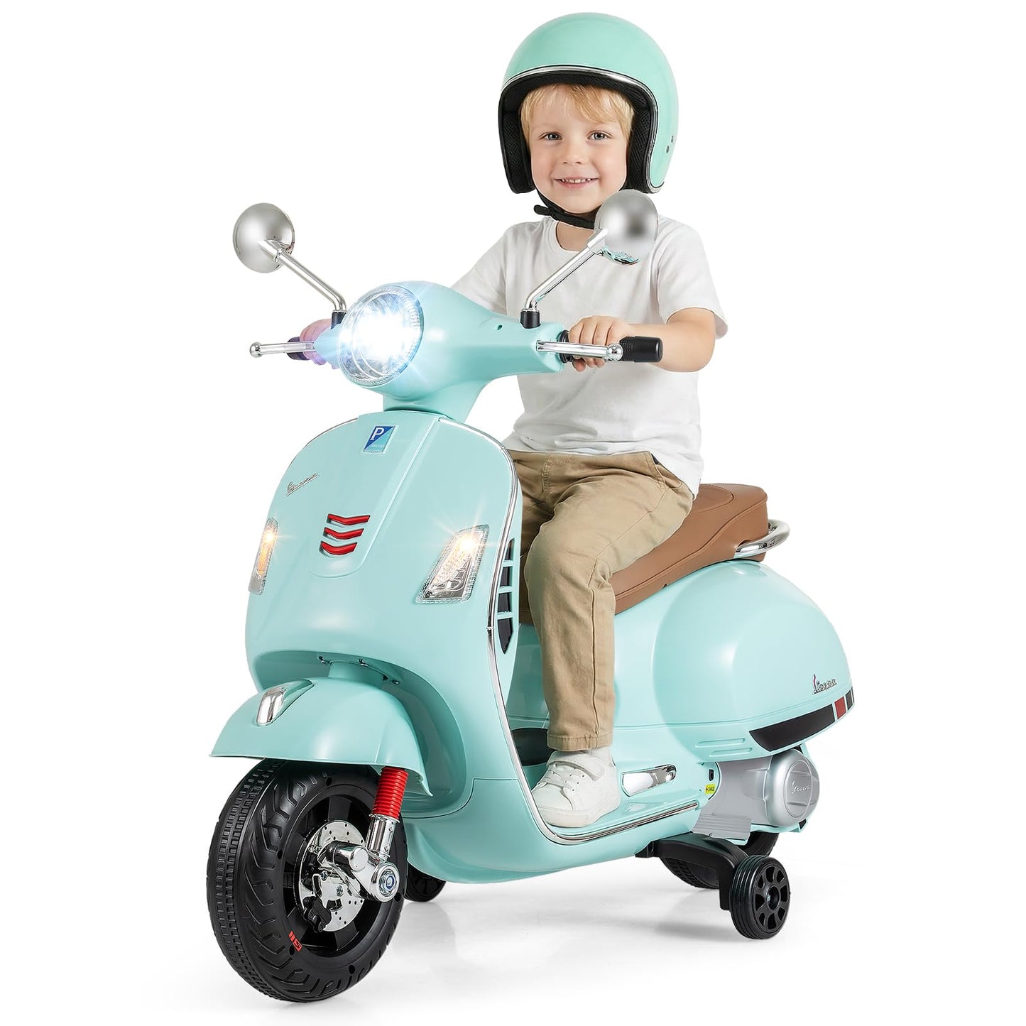 Licensed Vespa 12V Kids Motorcycle by INFANS with Training Wheels, Music, Story, Horn, Lights for 3-6 Years (Green)