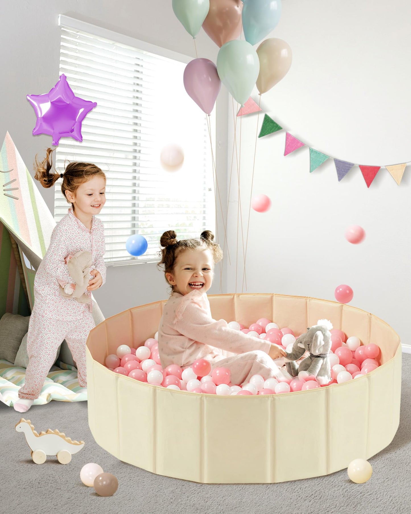 Hikiddy Baby Ball Pit Foldable, 31.5 Inch Ball Pits for Toddlers Round, Kiddie Baby Playpen Ball Pool, Idea Gift for Babies-Balls NOT Included(Light Beige)