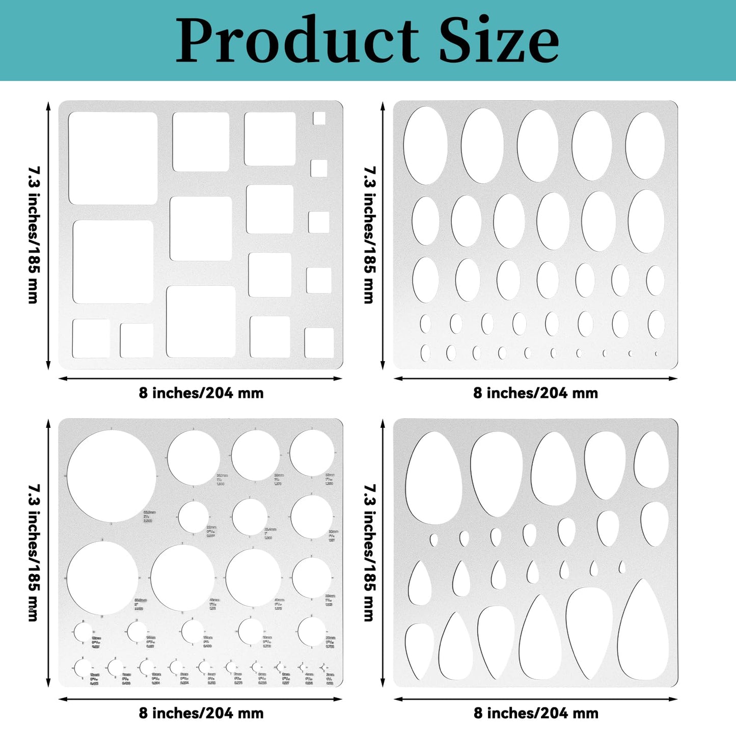 4 Pcs Metal Geometric Stencils Set Circle Ellipse Square Teardrop Templates for Drafting Round Stencil Jewelry Making Art Oval Tool Metric Ruler for Office and DIY Bracelets Earrings Craft