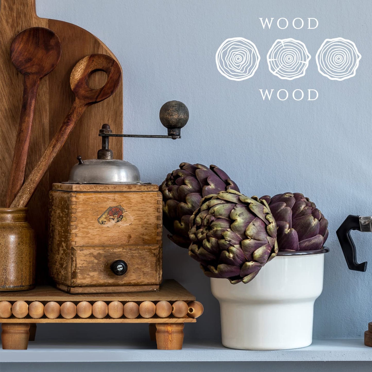 Kathfly Wood Riser and Wood Bead Garland Set Wooden Trivets Farmhouse Beaded Riser for Display Square Brown Wooden Trivets Decorative for Coffee Bar, Bathroom, Kitchen Island