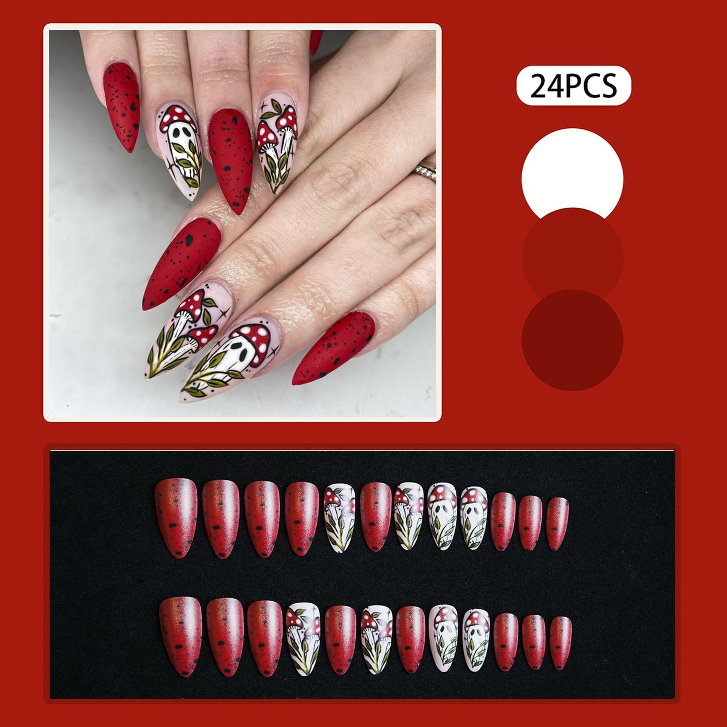 24Pcs Halloween Press on Nails Almond Long Fake Nails Matte Full Cover False Nails with Mushroom Ghost Designs Artificial Acrylic Nails Press ons Cute Halloween Stick on Nail for Women