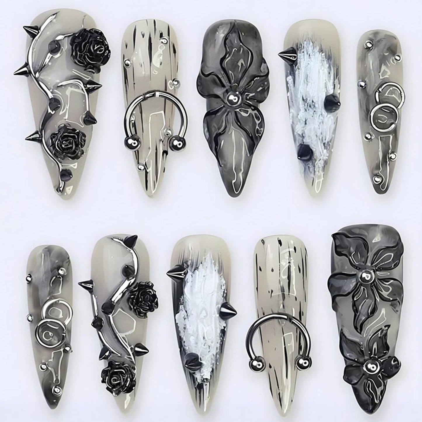 Gothic Press On Nails Long Stiletto Fake Nails with 3D Black Rose, Flower Spikes & Piercing Rhinestones Studs Designs, Reusable Acrylic False Nails for Women Punk Goth Manicure Halloween Party 24Pcs