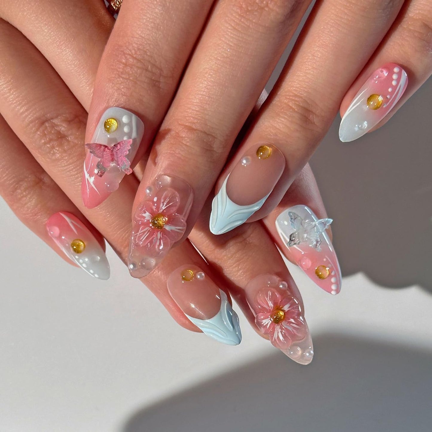 French Press on Nails Handmade Almond Nails Nude Medium Fake Nails with 5D Flower Art & Pear Design Handmade Nail Acrylic Nature False Nails for Wome (Size M)