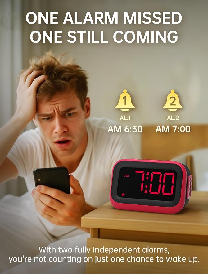 Acedeck Super Loud Alarm Clock: 115dB Wake-Up Power | Dual Alarms and 6 Alarm Sounds for Heavy Sleepers Adults and Shift Workers - Bedroom and Daily Wake-Up Use (Red Digits)