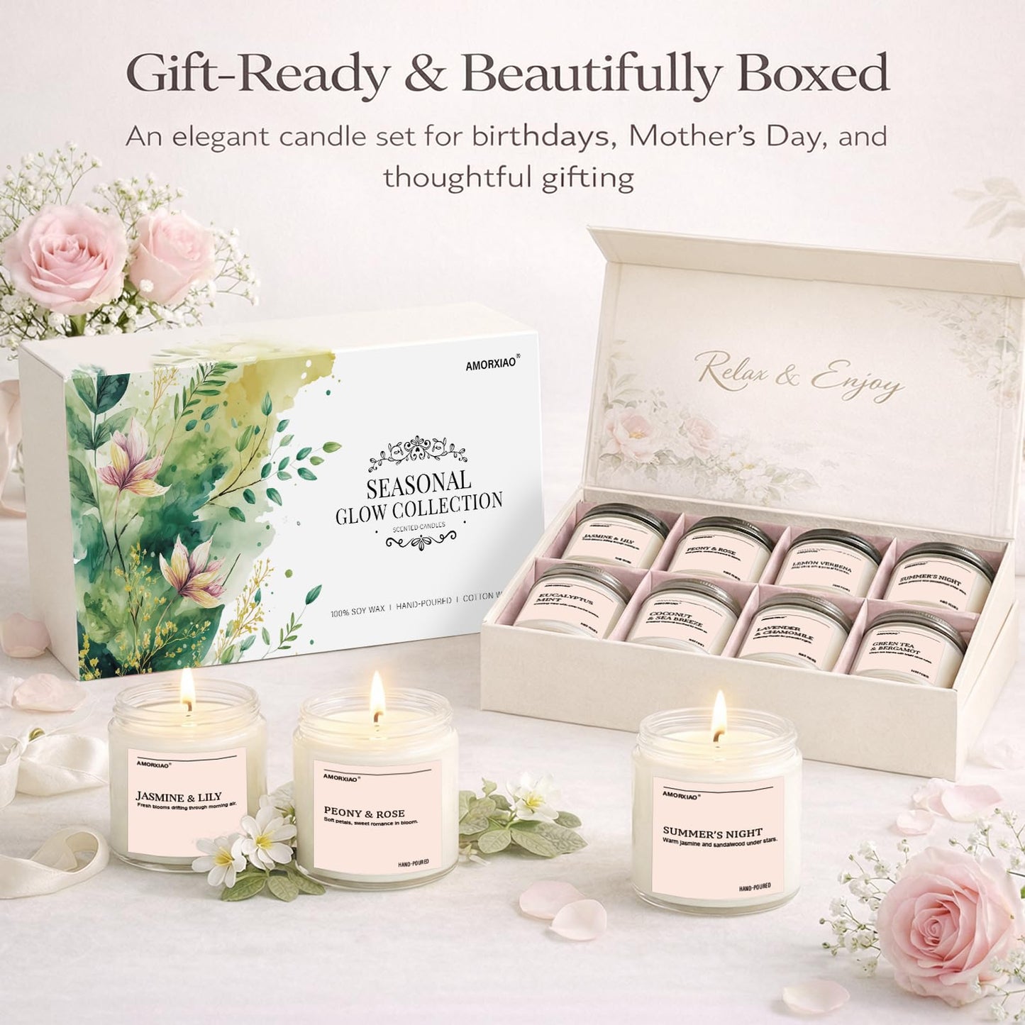 Scented Candles Gift Set, 8 Pack Soy Wax Candles for Home, Long Lasting Burn Floral Fresh Aromatherapy Scents for Women, Birthday, Holiday