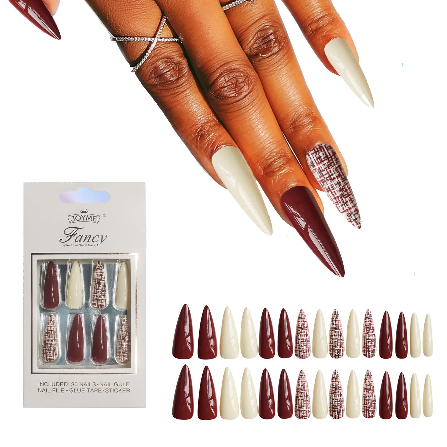 Solid Color Long Pointed Press on Nails, 30 PCS Fashion Glossy False Nails Fake Nails with 3D Embossing Plaid Designs,Full Cover Stick on Nails for Women Girls (Milk White+Red)