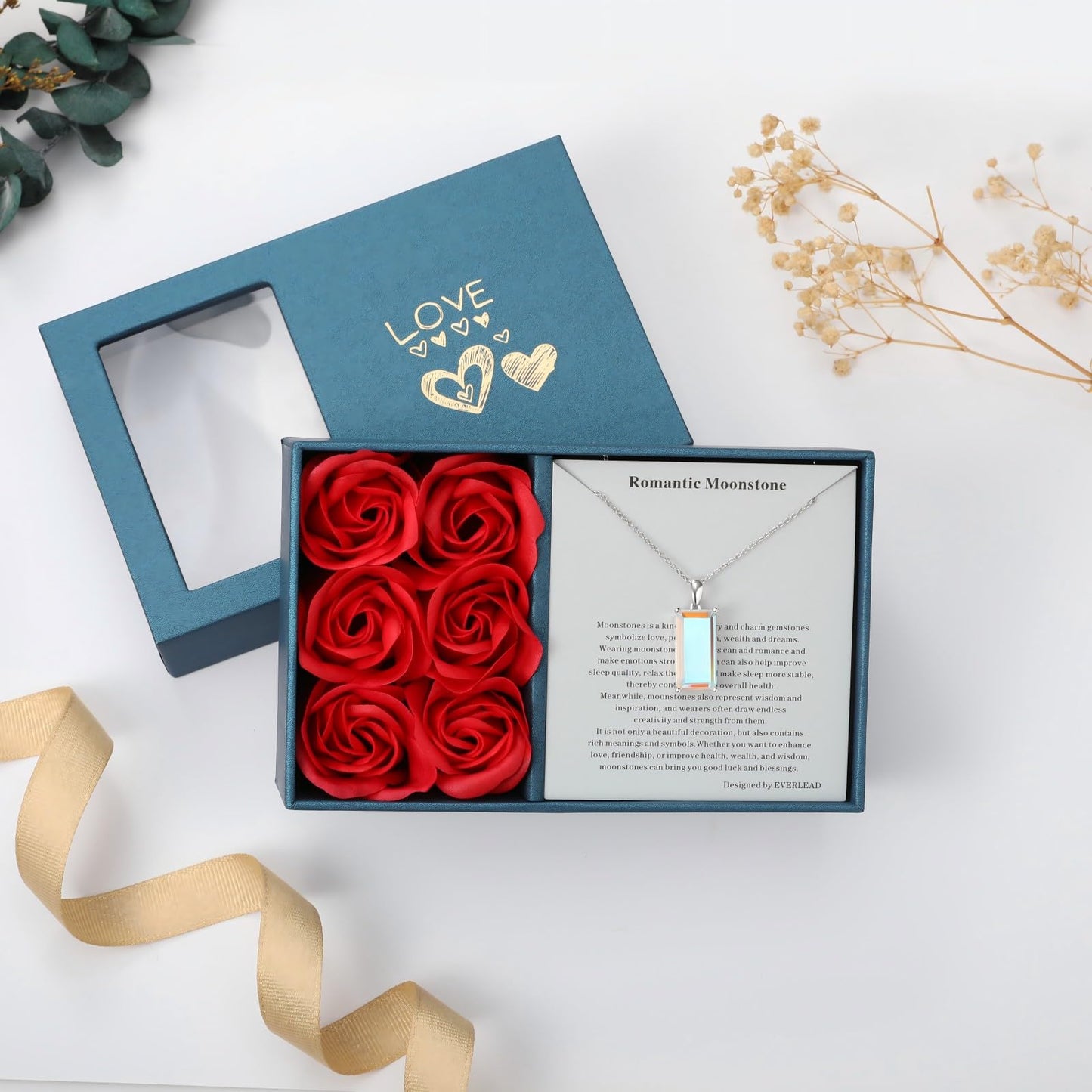 EVERLEAD Healing and Romantic Rainbow Moonstone Necklace for Women - Big Authentic Moonstone - Premium Sterling Silver Chain & Diamond Cutting - Light Luxury Gift for Women. (Classic Style)