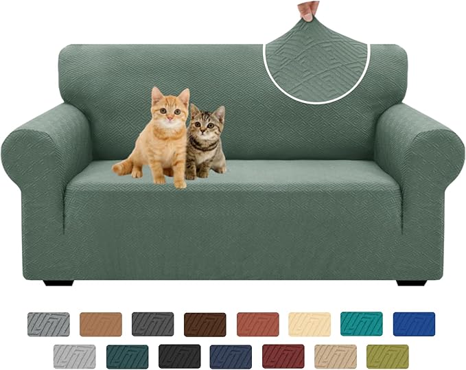 XINEAGE New 1 Piece Couch Covers for 2 Cushion (55"-69") Stretch Loveseat Sofa Cover Slipcover Jacquard Universal Furniture Protector with Elastic Bottom for Kids,Dog (Loveseat, Pea Green)