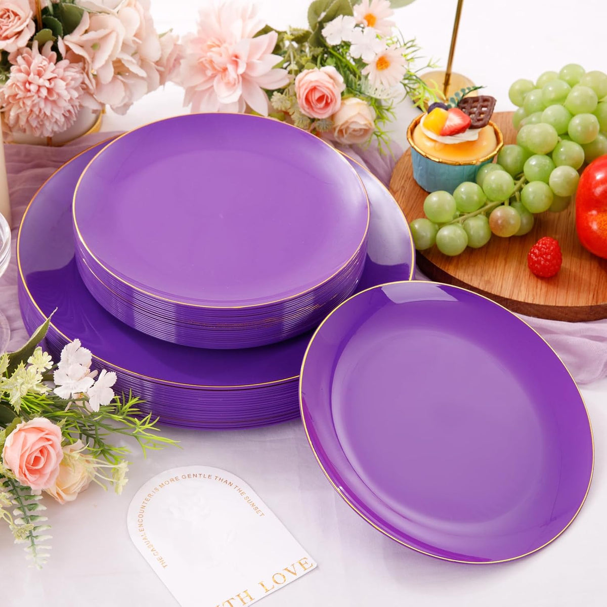 PULOTE 100PCS Purple Plastic Plates - Purple and Gold Disposable Include 50 Each (10.25 Inch Dinner & 7.5 Inch Dessert) Plates, Ideal for Halloween Party