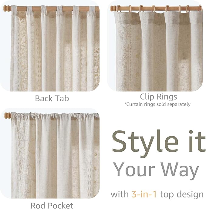 jinchan Winslow Linen Curtains 96 Inches Long for Bedroom Linen Blended Embroidered Floral Curtains for Living Room Farmhouse Decor Light Filtering Window Treatments Ivory on Beige Drapes 2 Panels