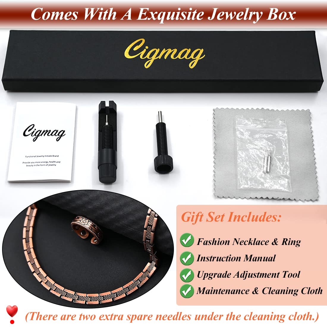 Cigmag Copper Necklace for Men Women - Magnetic Necklace 99% Solid Pure Copper Ring Set Ultra Strength Magnets - with Adjustable Sizing Tool and Present Box