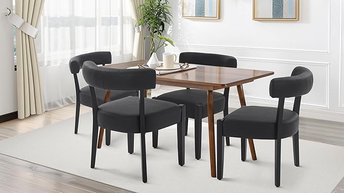 Modern Black Dining Chairs Set of 2, Faux Leather Upholstered Kitchen & Dining Room Chairs, Mid Century Modern Wooden Dining Chairs Oversized Sturdy Rounded Chairs Curved Back