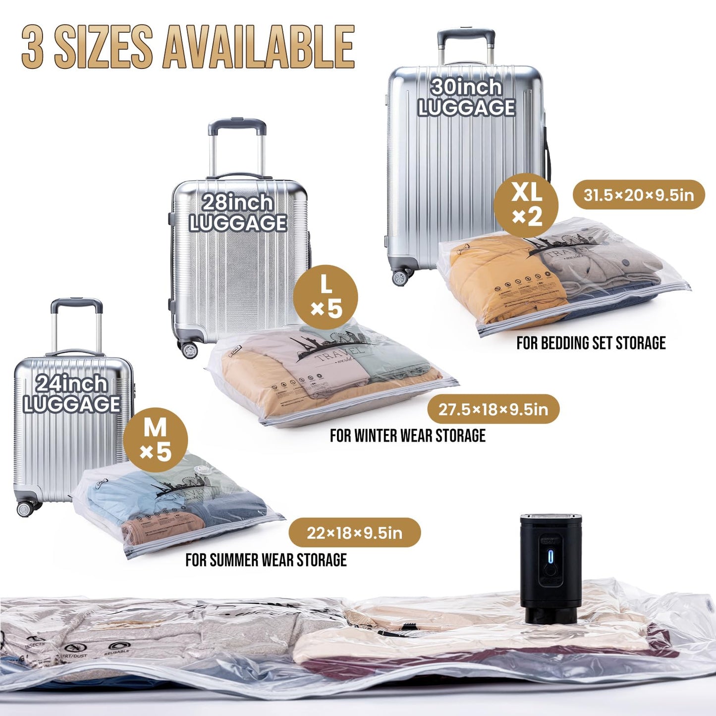 TAILI Vacuum Storage Bags with Rechargeable Cordless Pump, 12 Pack (5M+5L+2XL), Compression Packing Cube for Luggage and Suitcase, Vacuum Seal Bags for Clothing, Cruise Ship and Travel Essentials