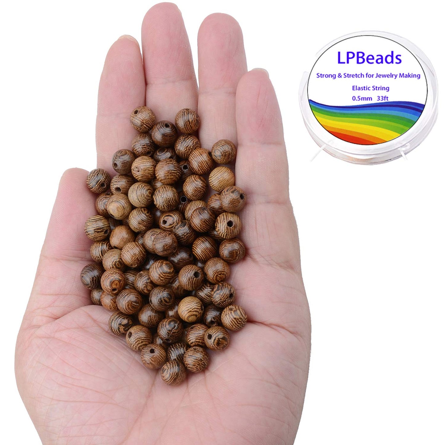 LPBeads 100PCS 8mm Natural Round Wood Beads for Jewelry Making with Crystal Stretch Cord