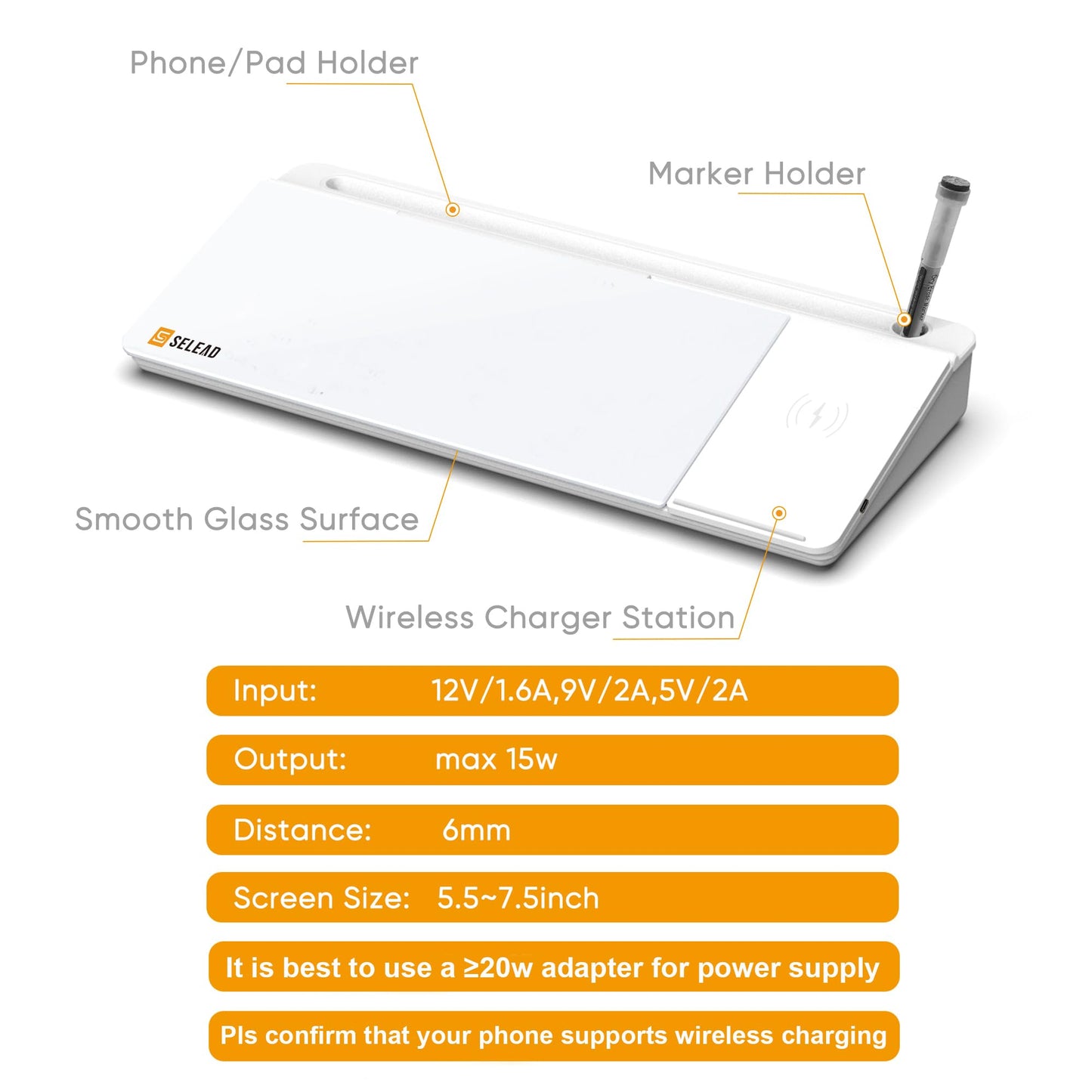 SELEAD Desktop Glass Whiteboard with Wireless Charger Station, Dry Erase Board Computer Pad Keyboard Stand with Organizer Drawer for Home, School, Office Desk Accessories, White