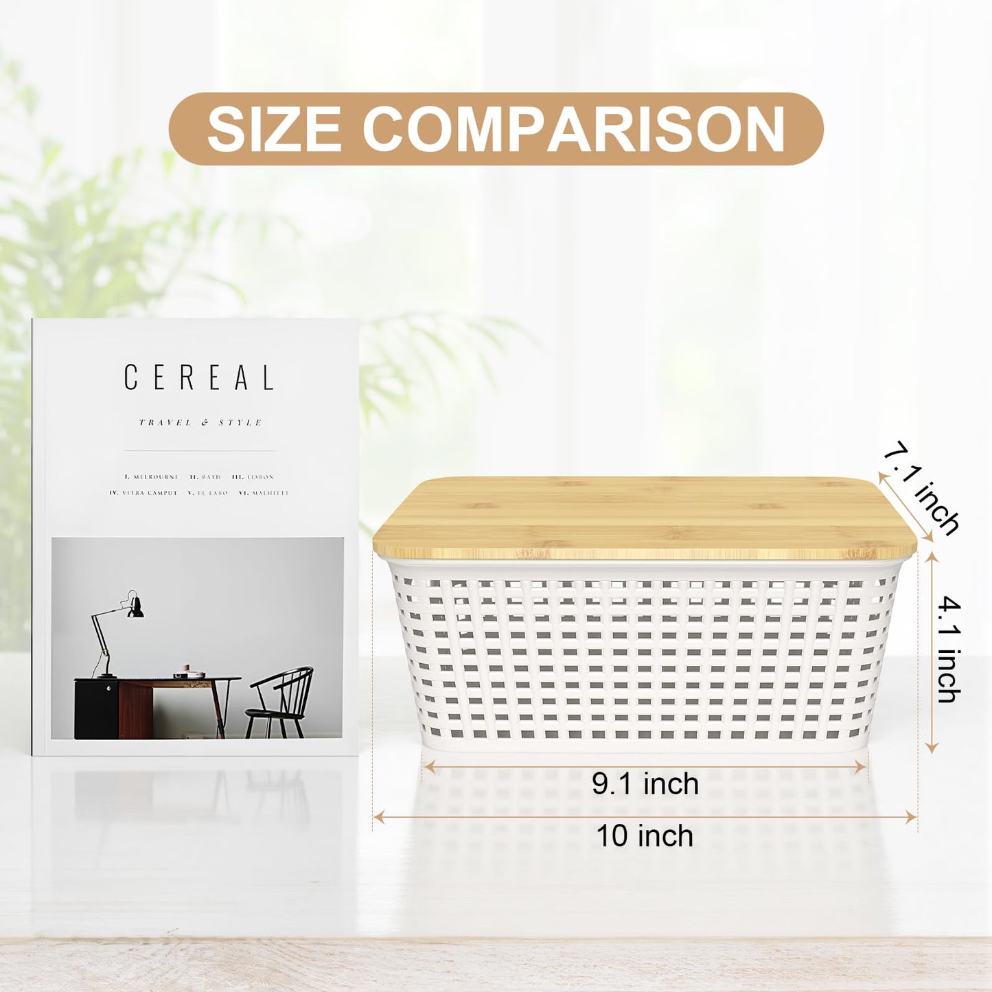 6Pcs Storage Bins with Lids, Stackable Plastic Storage Basket with Bamboo Lid, Pantry Organizer Box Small Containers for Organizing Shelves Drawer Desktop Closet Cabinet Office Classroom 10x7.1x4.1in