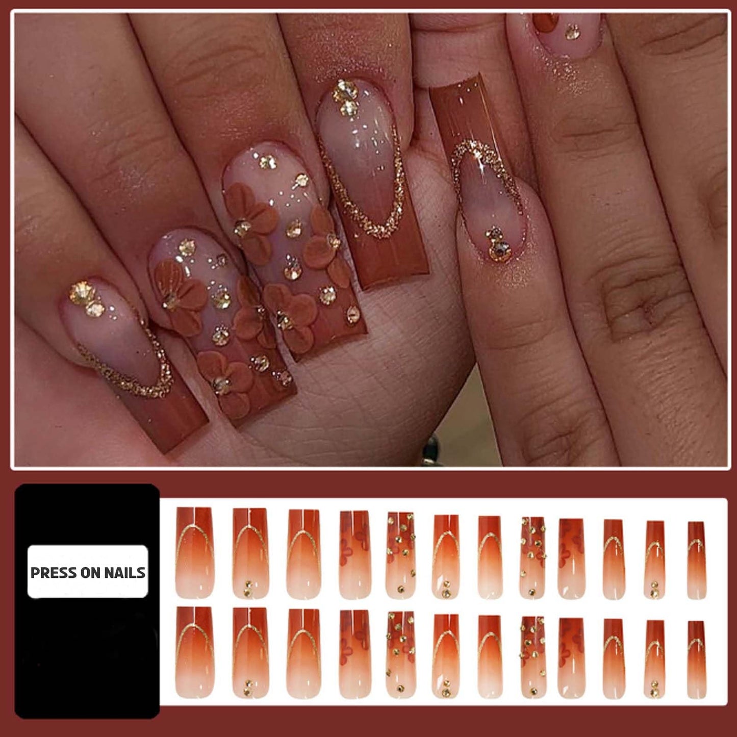 Hkanlre Gradient Press on Nails Medium Brown Fake Nails Tips Full Cover Square False Flower Nails for Women and Girls 24PCS
