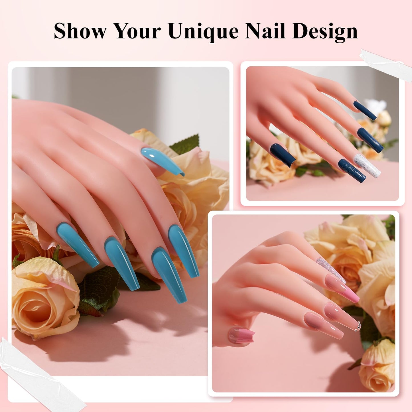 Practice Hand for Acrylic Nails,Nail Mannequin Hands for Nails Practice,Fake Nail Training Hand Manicure, Flexible Bendable Nail Hand with 100PCS Nail Tips,Painting Pen,Nail Clay and Nail Rhinestones