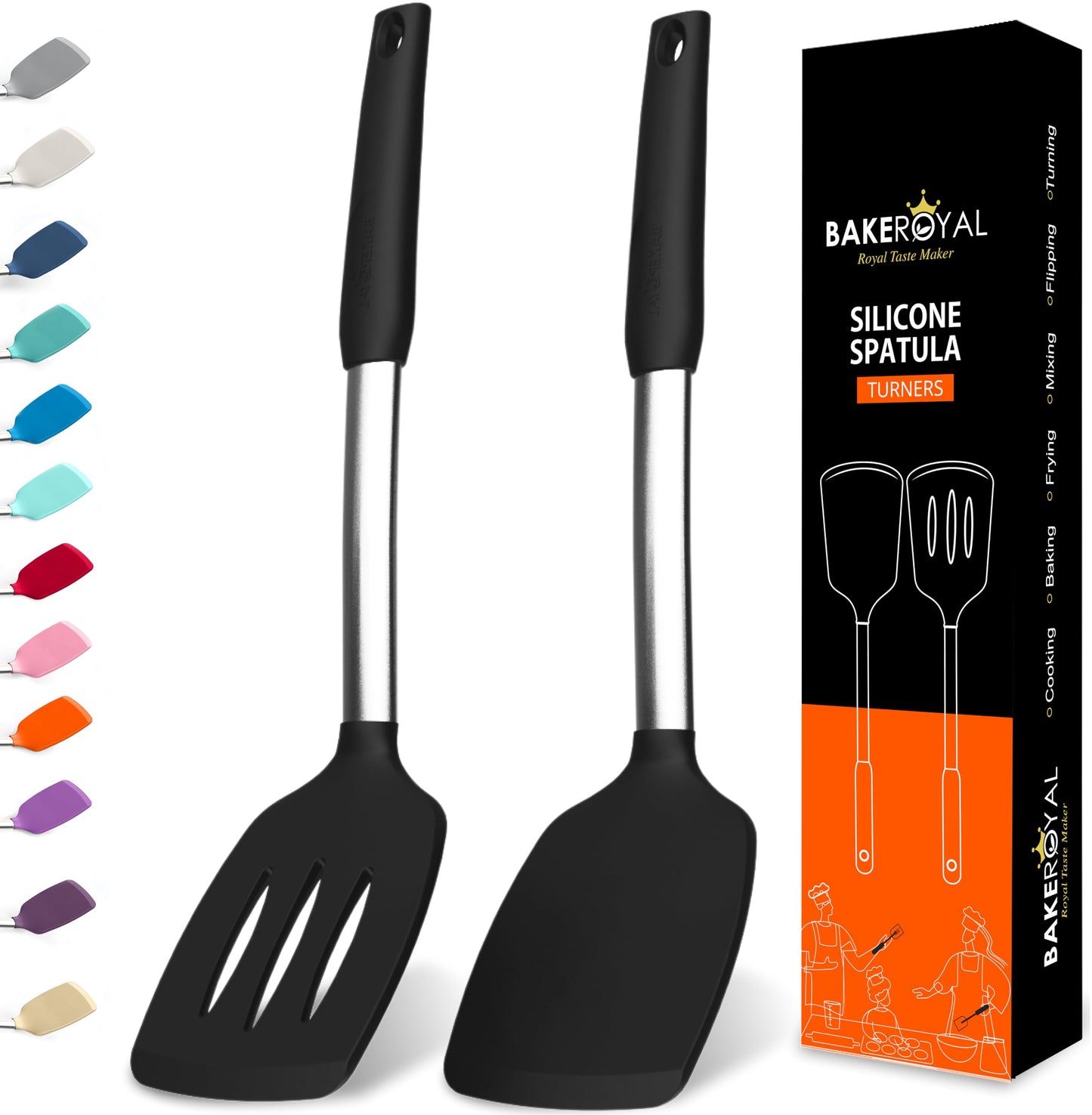 BakeRoyal Silicone Spatula Set - Turner Spatulas Silicone Heat Resistant 600°F - Slotted & Solid Spatula for Cooking Fish, Eggs, Pancakes Flipper – Spatulas for kitchen use – Black