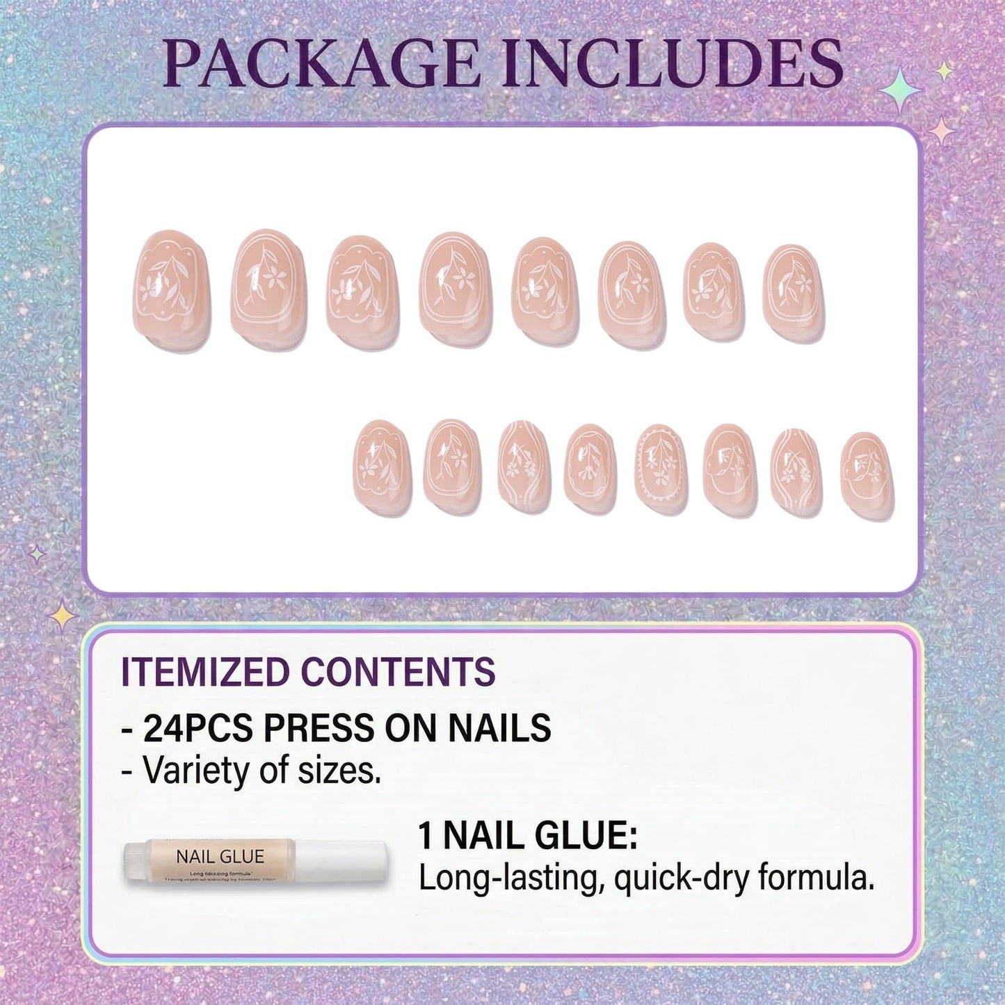 IMSOHOT Oval Press on Nails, Short Fake Nails, White Hand Painted Flower Frame Design, 24 Pcs Reusable Glue on Nails for Women