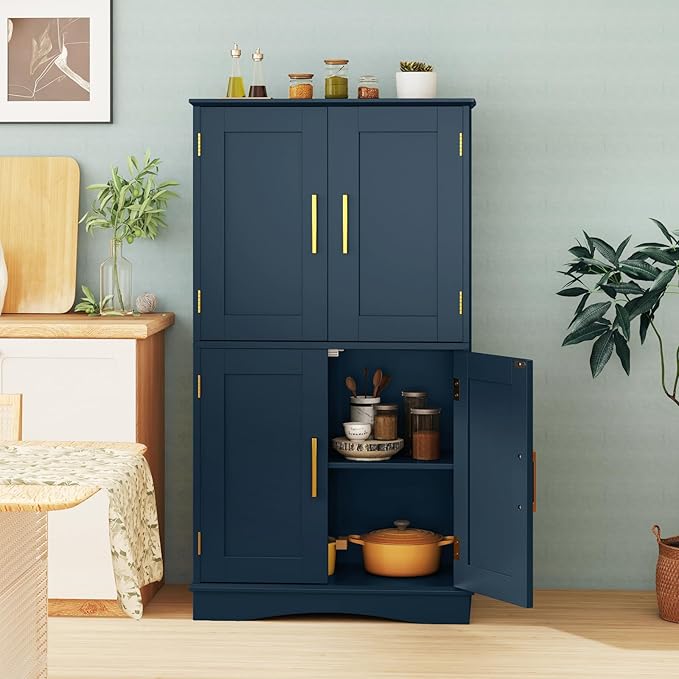 Tangkula Bathroom Floor Storage Cabinet, 43.5" H Freestanding Pantry Cabinet with 4 Doors and 2 Adjustable Shelves, Kitchen Cupboard for Living Room, Dining Room, Bathroom (Navy Blue, 43.5" H)