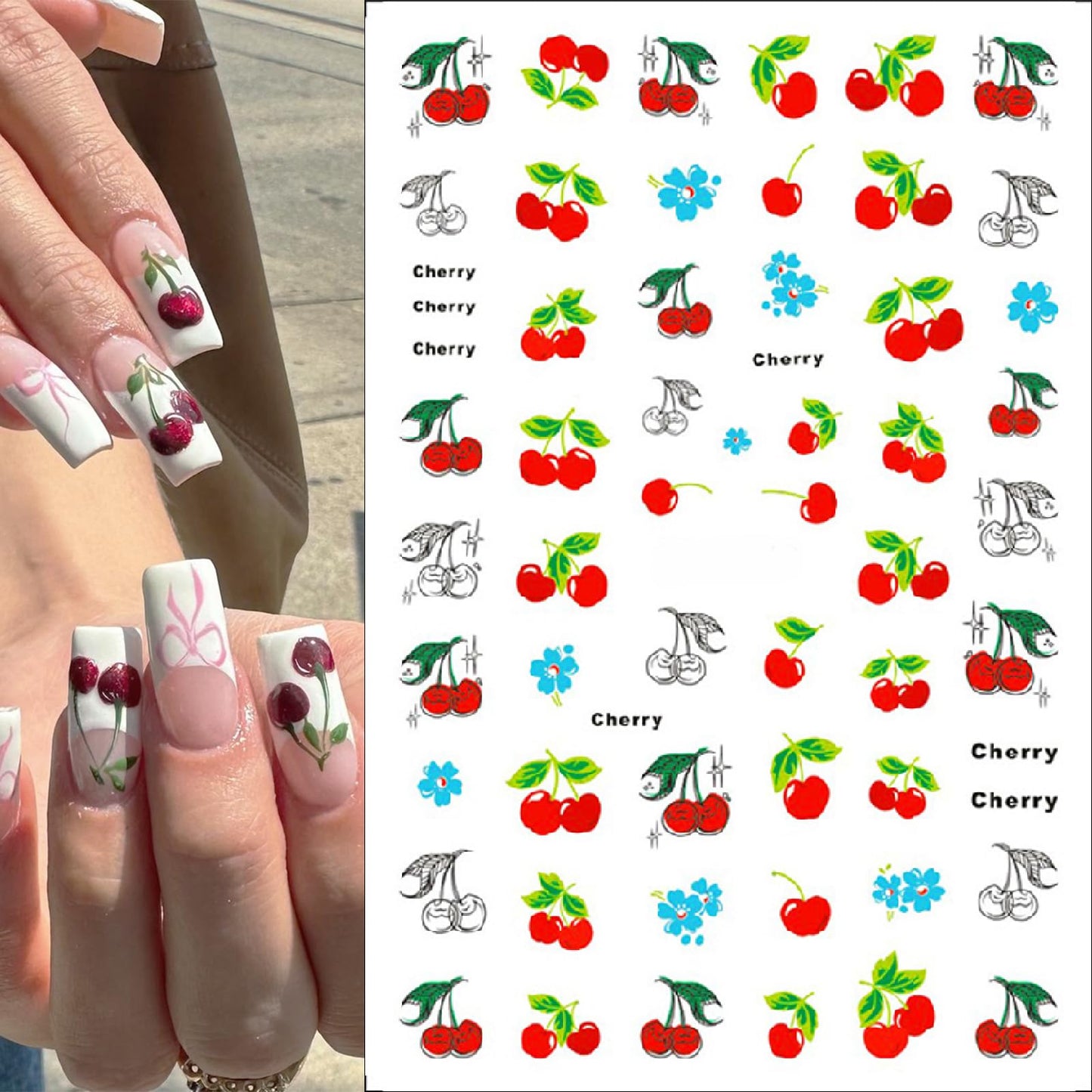 6 Sheets Summer Cherry Nail Art Stickers Cute Bunny Bowknot 3D Fruit Cherry Strawberry Design Suitable for Women and Girls Acrylic Nail Art Decoration