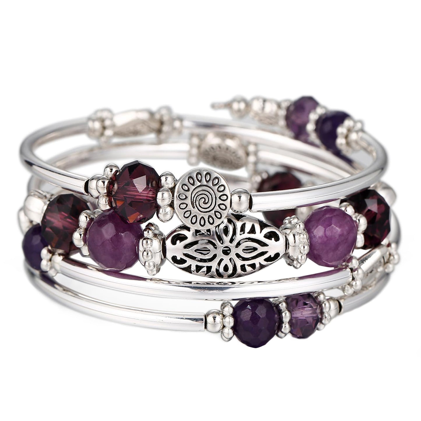 FULU AUTUMN Stackable Beaded Bracelets for Women Boho Wrap Silver Bracelet Layered Fashion Jewelry Gifts for Her(Purple)