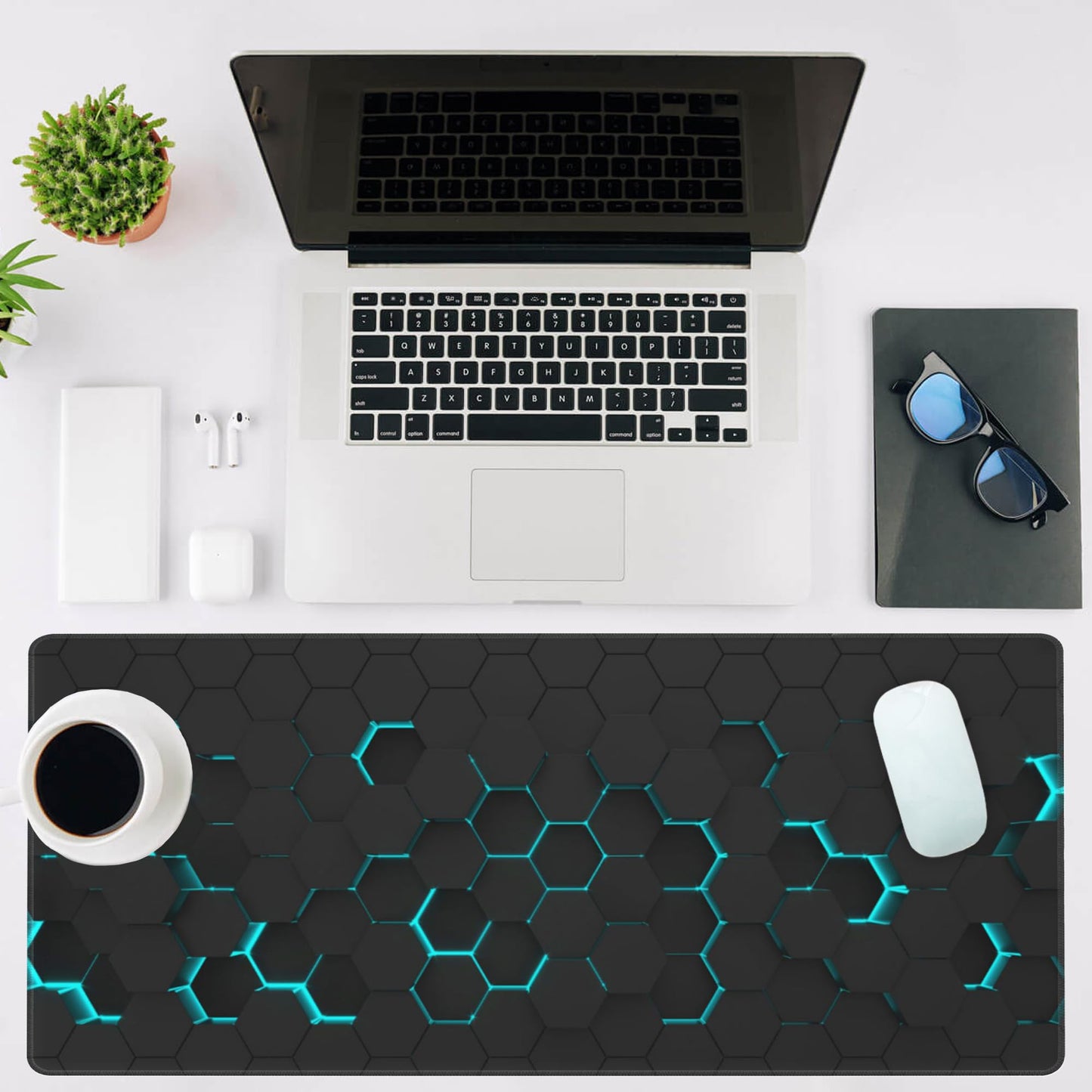 NIYLYNSYN Mouse Pad Large Abstract Hexagonal Neon Non-Slip Game Desk Mat with Stitched Edge Laptop Keyboard Desk Pad for Work Home Gaming (35.4 x 15.7 Inches)