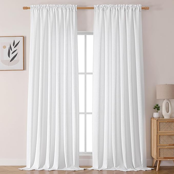 Chyhomenyc White Curtains 108 Inch Length 2 Panels Set, Faux Linen Textured Light Filtering Soft Airy Farmhouse Curtain Drapes Ceiling to Floor for Large Window, 50Wx108L