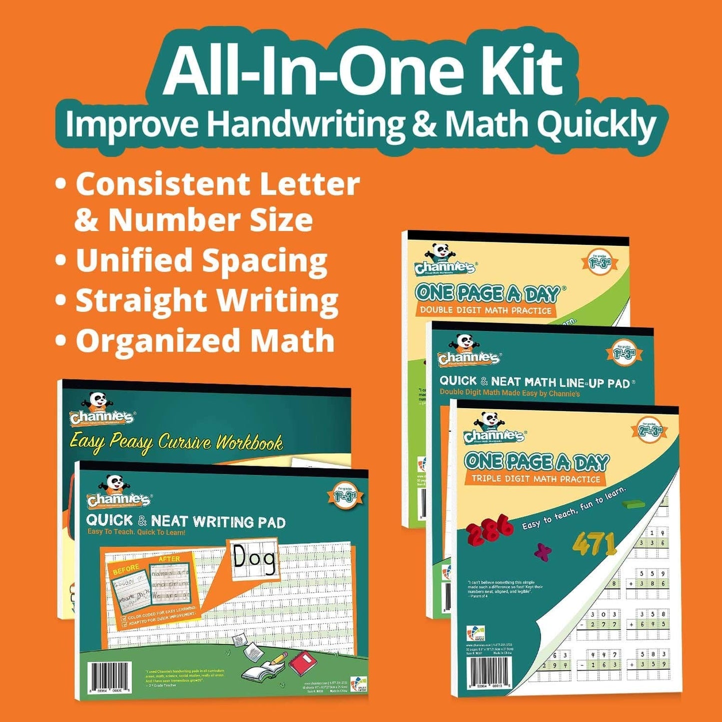 Channie’s All-in-One Kit, with Double & Triple Digit Math Practice Worksheets, Writing Pad, Math Line-Up Pad, Easy Peasy Cursive Handwriting Workbook for Kids, Free ABC Card