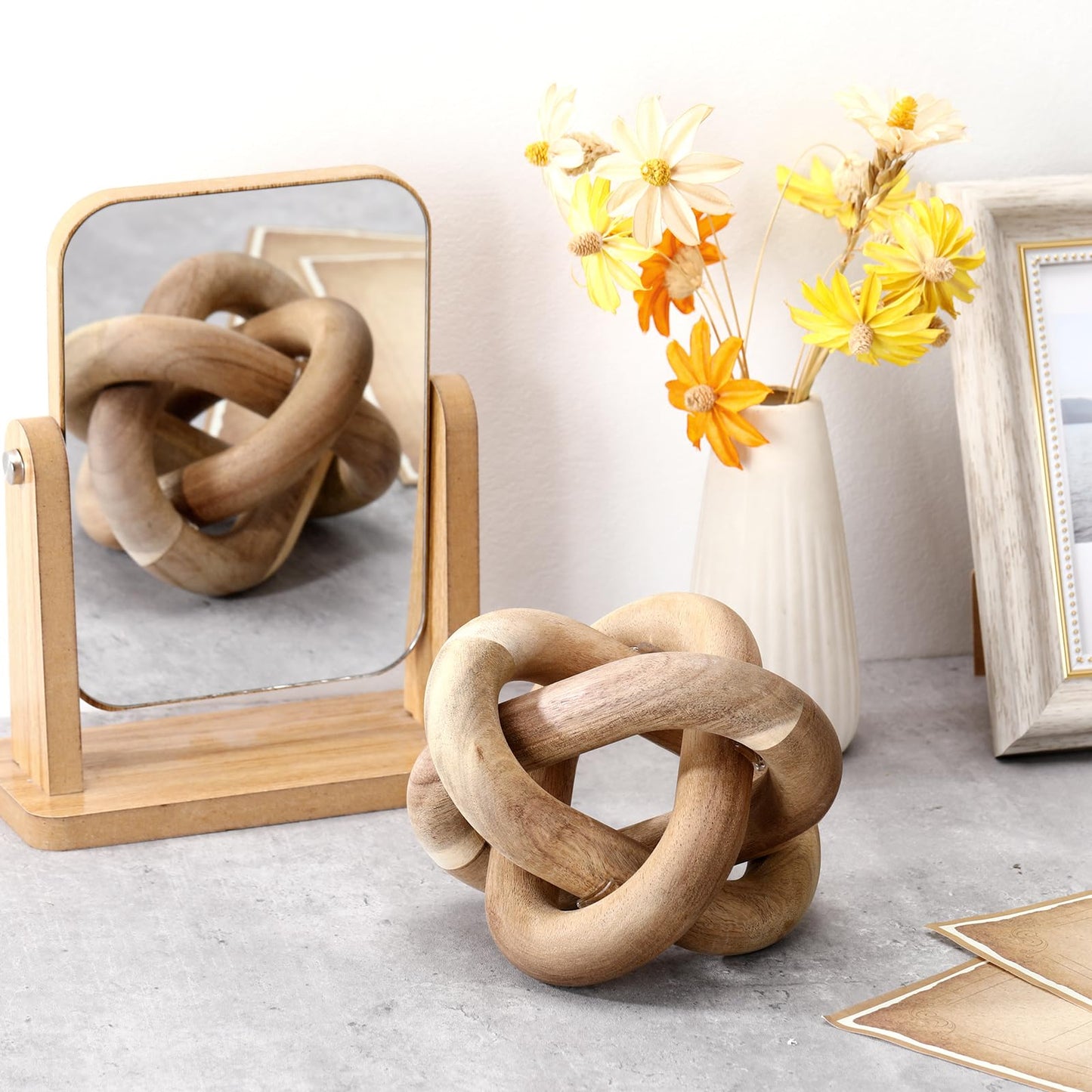 Yalikop 3 Link Wood Knot Decor Rustic Home Décor Accents Hand Carved Coffee Table Decoration, Boho Chain Link Decoration, Modern Shelf, Rustic Objects for Home Living Room Bedroom(Acacia Wood)