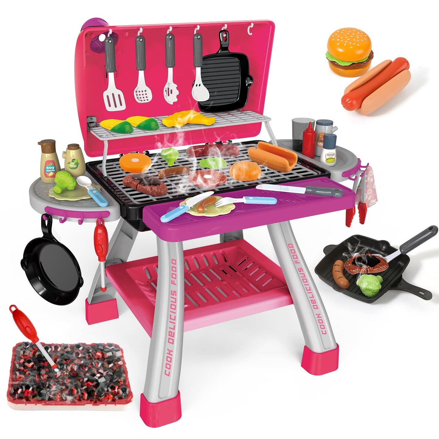 AuroTops Pink Kitchen Toy Set, Kids Grill Playset with Smoke, Sound & Light, Little Chef Play,Cooking Interactive Toys Christmas Birthday Gift