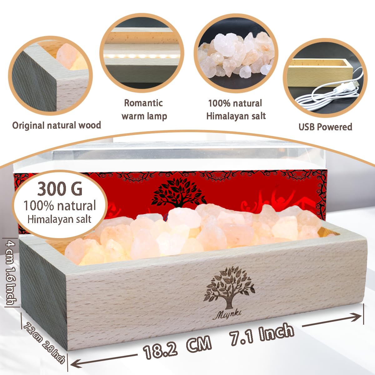 mlynkl Himalayan Pink Salt Lamp Diffuser with Wood Base - 300g Natural Salt, USB Powered, Warm Light & 10ml Passion Fruit Essential Oil Set for Aroma, Relaxation, Meditation, Home Decor, Gifts