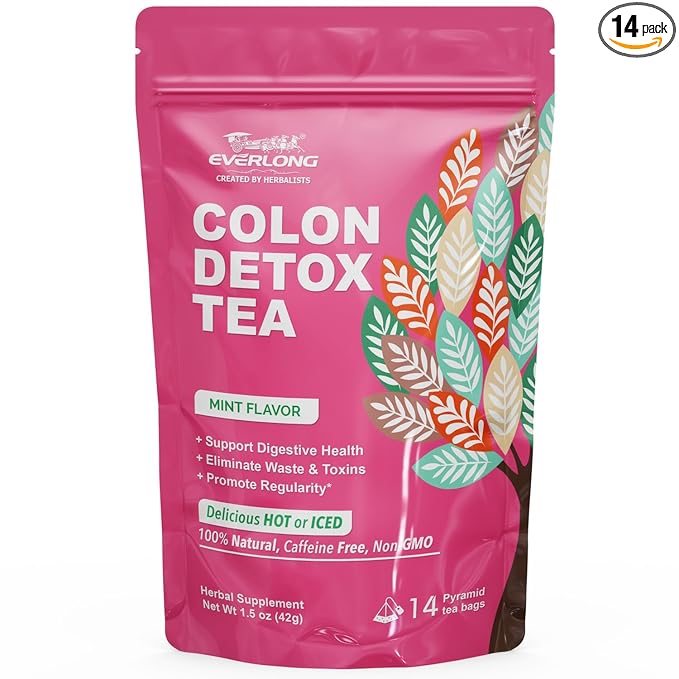 EVERLONG Colon Detox Tea - Dandelion Leaf with Senna, Gynostemma, Lotus Leaf, Spearmint for Colon Cleanse and Digestive Health, Promote Regularity - 14 Herbal Tea Bags, All Natural, Caffeine-Free