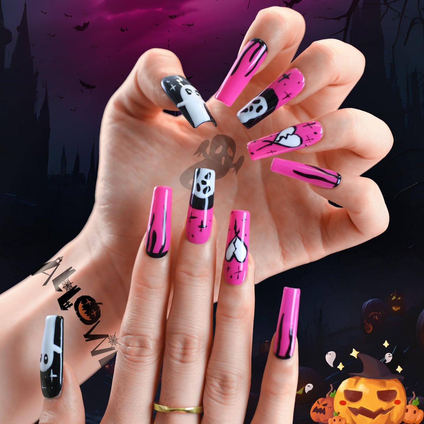 Yacey Halloween Handmade Press on Nails Long Coffin, Horror Ghost Design Reusable Soft Muti-Gel False Nails Press Ons, Thick Acrylic Fake Nails, 3D Artificial Glue on Nails for Women Girls (10 Pcs, L)
