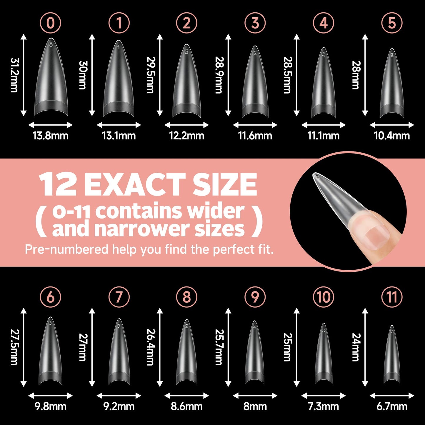 UNA GELLA Clear Stiletto Nails Tips Half Cover Stiletto Gel Nail Tips 216pcs Almond Shape False Acrylic Nail Tips for Faster Gel Nail Extension DIY Art Salon Press On Nails 12 Sizes